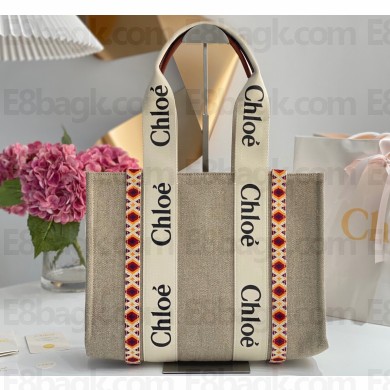 Chloe Medium Woody tote bag in linen canvas and shiny calfskin with Woody ribbon 11