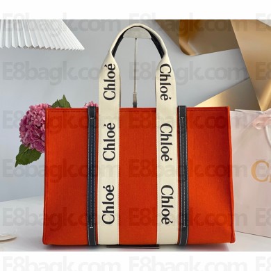 Chloe Large Woody tote bag in linen canvas and shiny calfskin with Woody ribbon 08