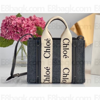 Chloe Small Woody tote bag in recycled polyester felt and shiny calfskin with Woody ribbon and Strap 02