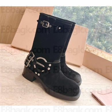Miu Miu Leather Ankle Boots Black with straps and buckles in suede leather 2023