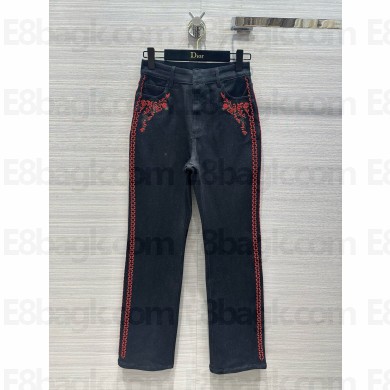 dior black Cotton Denim and Coral-Colored Beads Embroidered Fitted Jeans 2024 