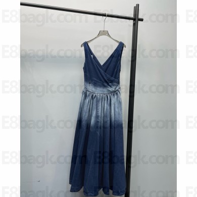 dior Gradient Blue Cotton Denim Flared Mid-Length Dress 2024 