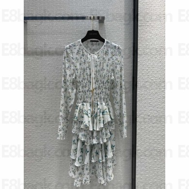 LOUIS VUITTON Floral Print Long-Sleeved Tiered Dress 2024
