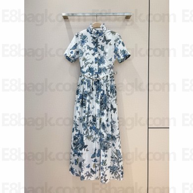 dior White and Pastel Midnight Blue Cotton Voile with Toile de Jouy Mexico Motif Mid-Length Shirt Dress 2024 
