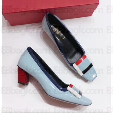Roger Vivier Heel 4.5cm Patent Leather Buckle Pump Light Blue 2018