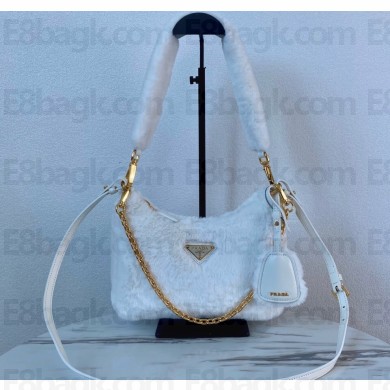 Prada Shearling Mini Hobo Bag 1BC204 White