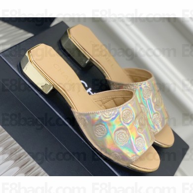 Chanel Camellia Embossed Logo Flat Mules Gold 2023