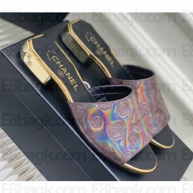 Chanel Camellia Embossed Logo Flat Mules Gun Color 2023