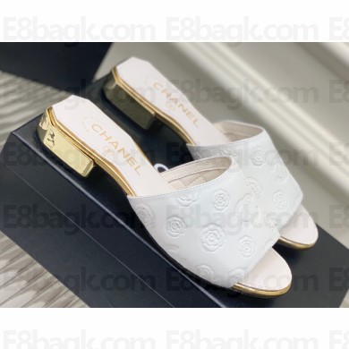 Chanel Camellia Embossed Logo Flat Mules White 2023