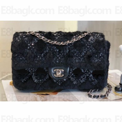 Chanel Fur Sequins and Pearl Classic Flap Handbag Black 2023
