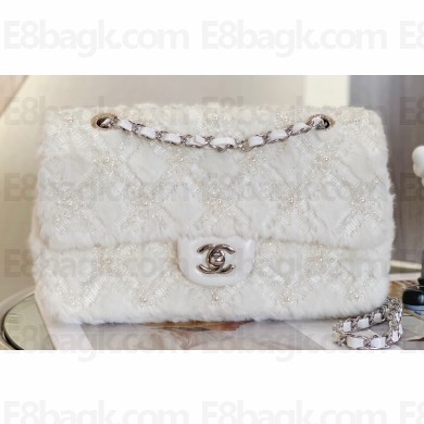 Chanel Fur Sequins and Pearl Classic Flap Handbag White 2023