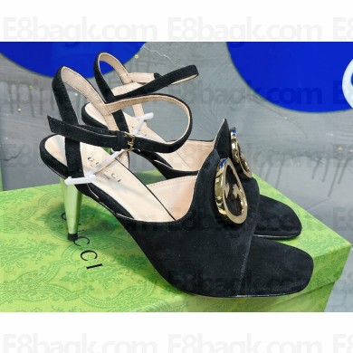 Gucci Heel 7cm Sandals Suede Black with Gold Interlocking G 2023