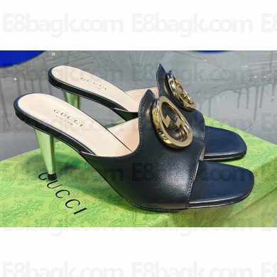 Gucci Heel 7cm Slide Sandals Leather Black with Gold Interlocking G 2023