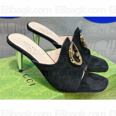 Gucci Heel 7cm Slide Sandals Suede Black with Gold Interlocking G 2023