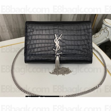 Saint Laurent kate medium chain bag with tassel in crocodile-embossed leather 354119 Black/Silver