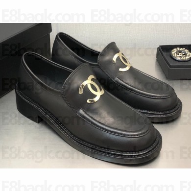 Chanel Heel 6.5cm CC Logo Shiny Calfskin Loafers G39602 Black 2023