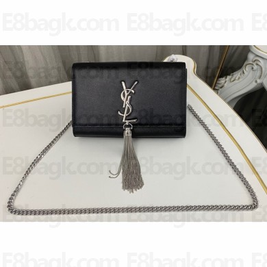 Saint Laurent kate small chain bag with tassel in grain de poudre embossed leather 474366 Black/Silver