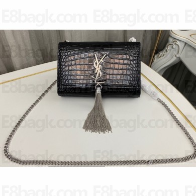 Saint Laurent kate small chain bag with tassel in crocodile-embossed shiny leather 474366 Black/Silver