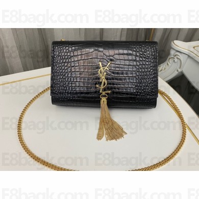 Saint Laurent kate medium chain bag with tassel in crocodile-embossed shiny leather 354119 Black/Gold