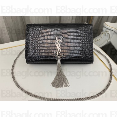 Saint Laurent kate medium chain bag with tassel in crocodile-embossed shiny leather 354119 Black/Silver