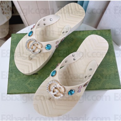 Cheap Sale Gucci Chevron Thong Sandals with Crystal Double G White