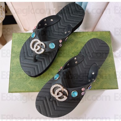 Cheap Sale Gucci Chevron Thong Sandals with Crystal Double G Black