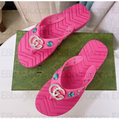 Cheap Sale Gucci Chevron Thong Sandals with Crystal Double G Fuchsia