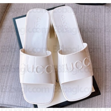 Cheap Sale Gucci Heel 5.5cm Platform 2.5cm Embossed Logo Rubber Slide Sandals White