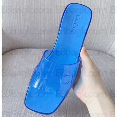 Cheap Sale Gucci Heel 5.5cm Platform 2.5cm Embossed Logo Rubber Slide Sandals Transparent Blue