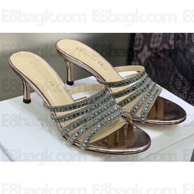 Dior Heel 7cm Gem Slides Silver in Cotton Metallic Thread Embroidery with Square Strass 2023