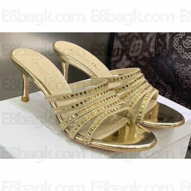 Dior Heel 7cm Gem Slides Gold in Cotton Metallic Thread Embroidery with Square Strass 2023