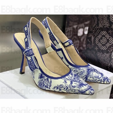 Dior Heel 9.5cm J'Adior Slingback Pumps in Blue Cotton Embroidered with Dior Jardin d'Hiver Motif 2023