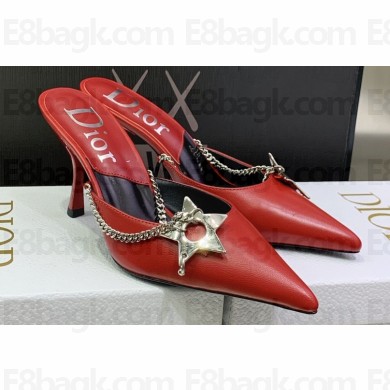 Dior Heel 8.5cm Chain and Star Pointed Toe Mules Red 2023