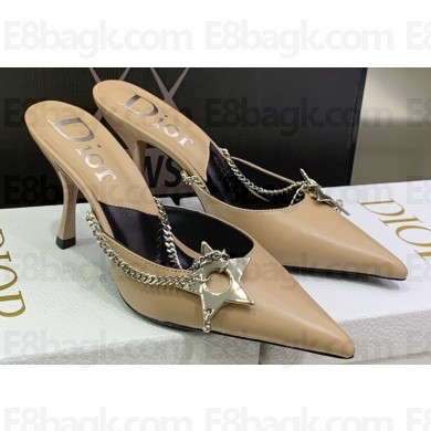 Dior Heel 8.5cm Chain and Star Pointed Toe Mules Beige 2023