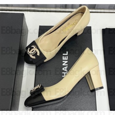 Chanel Heel 6cm Chain Crystal and Pearl CC Logo Pumps Leather Beige 2023