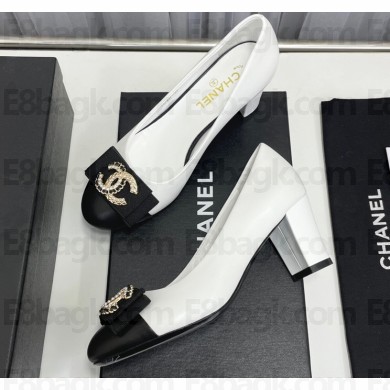 Chanel Heel 6cm Chain Crystal and Pearl CC Logo Pumps Leather White 2023