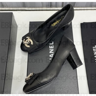 Chanel Heel 6cm Chain Crystal and Pearl CC Logo Pumps Leather Black 2023