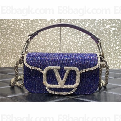 Valentino Crystals Embroidered VLogo Signature Loco Small Shoulder Bag Blue
