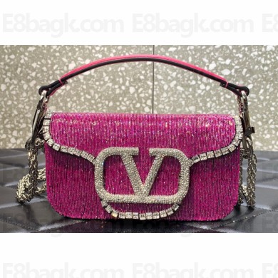 Valentino Crystals Embroidered VLogo Signature Loco Small Shoulder Bag Fuchsia