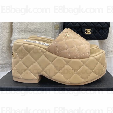 Chanel Heel 7.5cm Platform Quilting Logo Mules Beige 2023