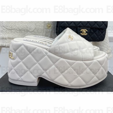 Chanel Heel 7.5cm Platform Quilting Logo Mules White 2023