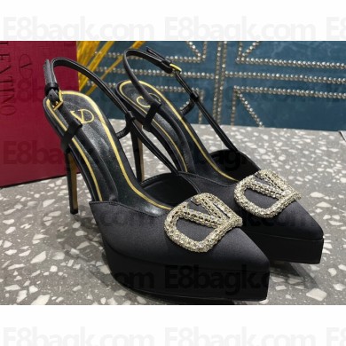 Valentino Heel 10.3cm Platform 2cm VLogo Signature Slingback Pumps Satin Black 2023