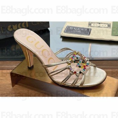 Gucci Heel 9cm Slide Sandals Gold with crystals Interlocking G 2023