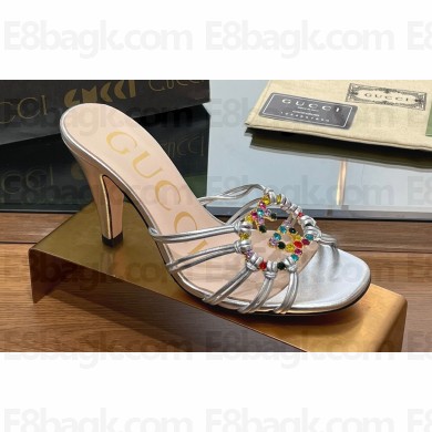 Gucci Heel 9cm Slide Sandals Silver with crystals Interlocking G 2023