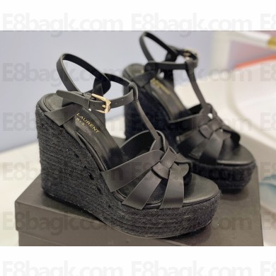 Saint Laurent Heel 12.5cm Platform 3.5cm Tribute Wedge Espadrilles in Smooth Leather 611924 Black