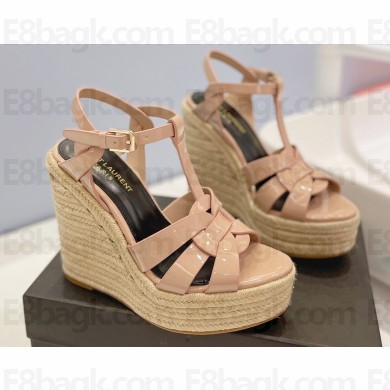 Saint Laurent Heel 12.5cm Platform 3.5cm Tribute Wedge Espadrilles in Patent Leather 611924 Nude