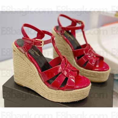 Saint Laurent Heel 12.5cm Platform 3.5cm Tribute Wedge Espadrilles in Patent Leather 611924 Red