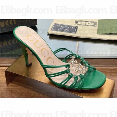 Gucci Heel 9cm Slide Sandals Green with crystals Interlocking G 2023