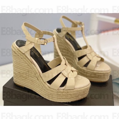 Saint Laurent Heel 12.5cm Platform 3.5cm Tribute Wedge Espadrilles in Patent Leather 611924 Beige