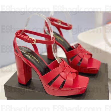 Saint Laurent Heel 10cm Platform 2cm Tribute Sandals in Smooth Leather Red